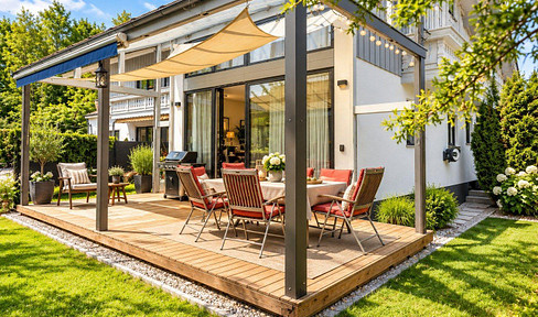 Commission-free: Semi-detached house with 261 m² of living space, featuring a loft-style design, a double garage, and a southwest-facing terrace.