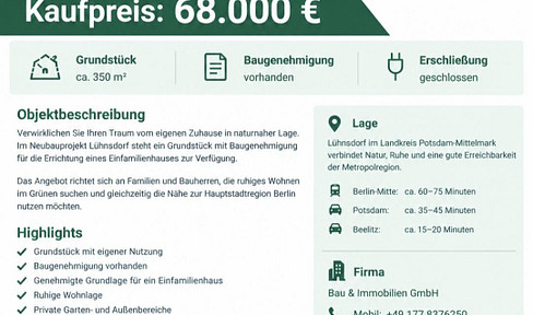 Bauträgerfrei Baugrundstück mit Baugenehmigung ab 68.000 € – Ihr Haus im Grünen nahe Berlin