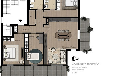 Ground floor family apartment with a private garden, located near the Alster lake.