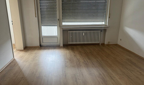 Studio apartment with a large balcony, featuring new laminate and vinyl flooring.