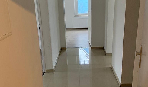 Bright, modern three-room apartment with kitchen, hallway, bathroom, 75 m², and a south-facing balcony.