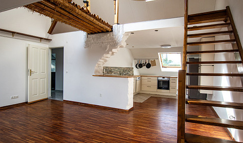Exclusive penthouse apartment with a rooftop terrace, mezzanine level, and original architectural features.
