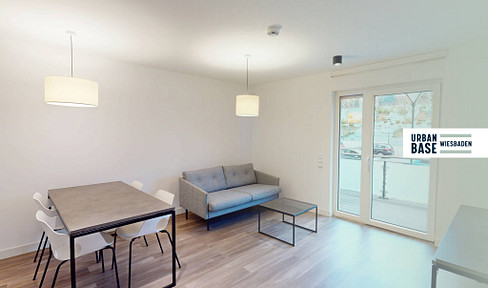 URBAN BASE: Fully furnished 2-room apartment with fitted kitchen, balcony, all-inclusive rent, and more, located in the city center of Wiesbaden.