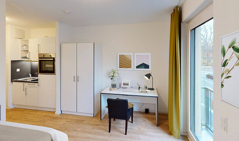 ** Modernes und vollmöbliertes 1-Zimmer-Apartment mit EINBAUKÜCHE, eigenem BALKON und gemeinschaftlicher DACHTERRASSE **