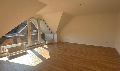 Renovated 3-room attic apartment with balcony and fitted kitchen.