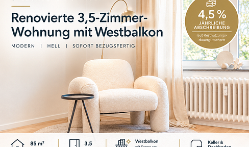 Commission-free: Renovated 3-room apartment with west-facing balcony – 4.5% depreciation.