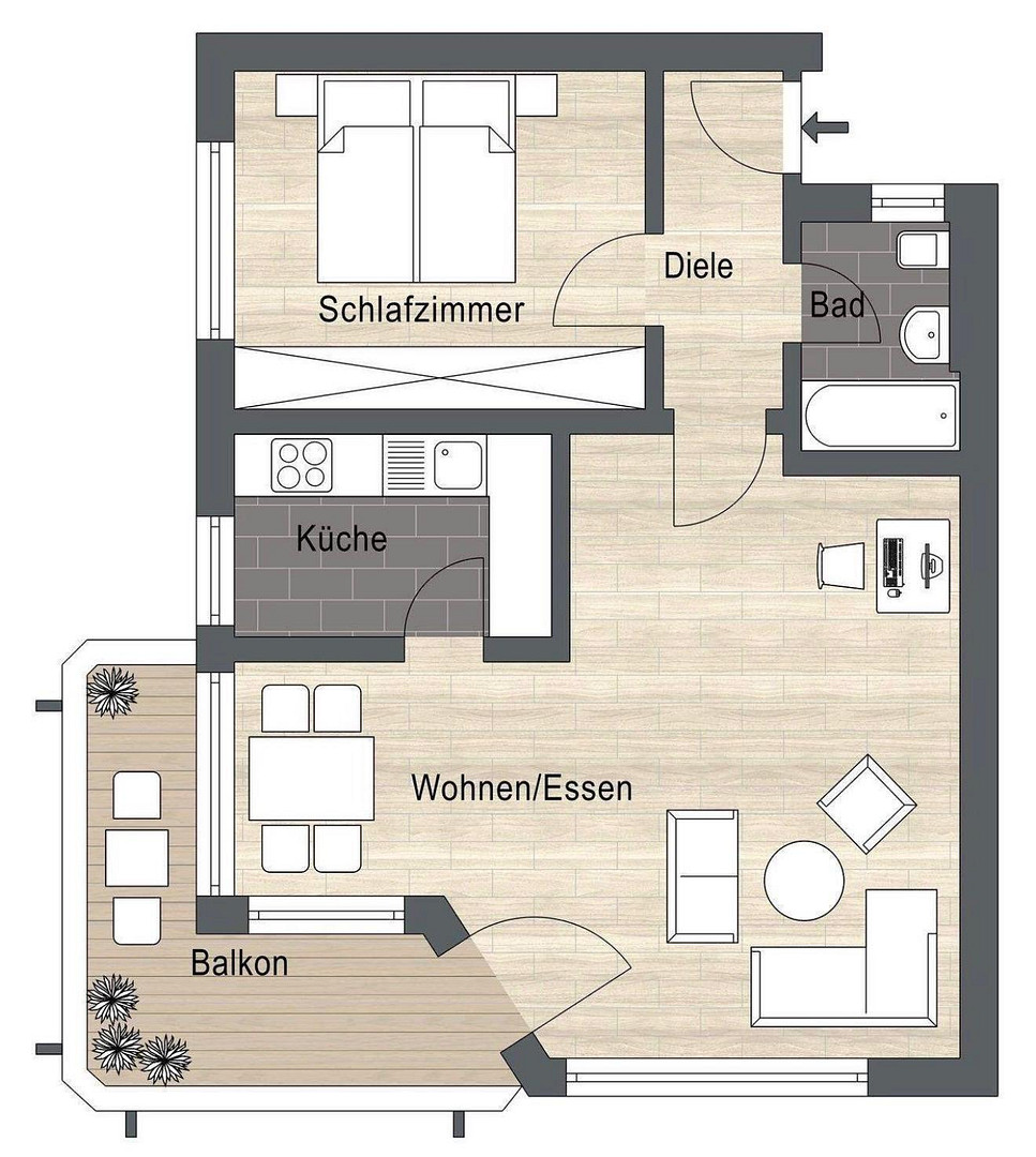Renovierte 2-Zimmer-Wohnung mit Balkon&Tiefgarage(Erbpacht)