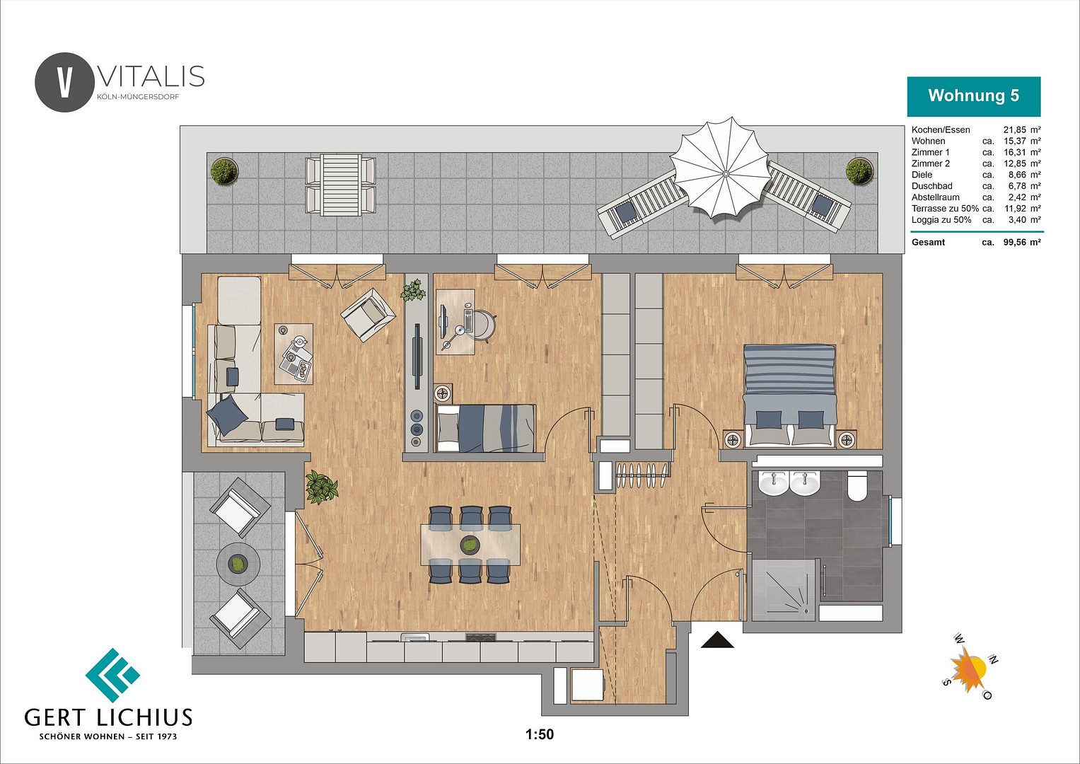 Viel Platz und Penthouse Feeling: Großzügige 3-Zimmer-Wohnung mit Dachterrasse, Müngersdorf – Vitalisstraße 361a, 50933 Köln(Müngersdorf) – Vorschaubild 7