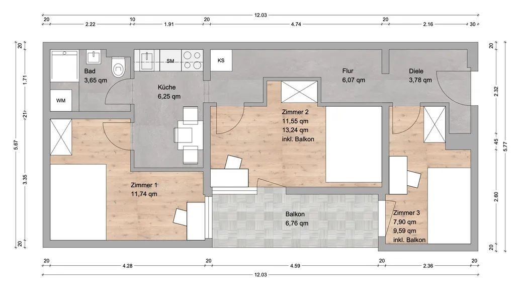 WG-Zimmer in zentraler und dennoch ruhiger Lage / Radolfzeller Straße 9, München / 5.OG / WE3054 / Zi.1 – Radolfzeller Straße 9, 81243 München(Aubing) – Vorschaubild 2