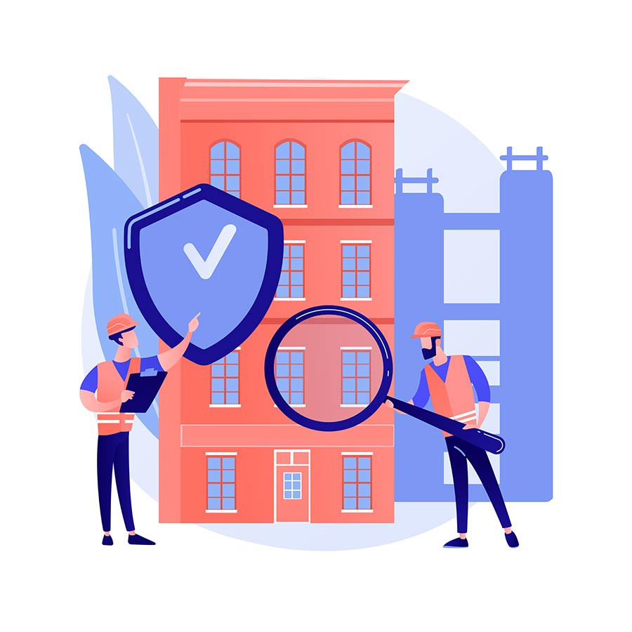 Bei Denkmalschutz müssen alle Maßnahmen geprüft werden - Illustration: Bauarbeiter prüfen das gebäude